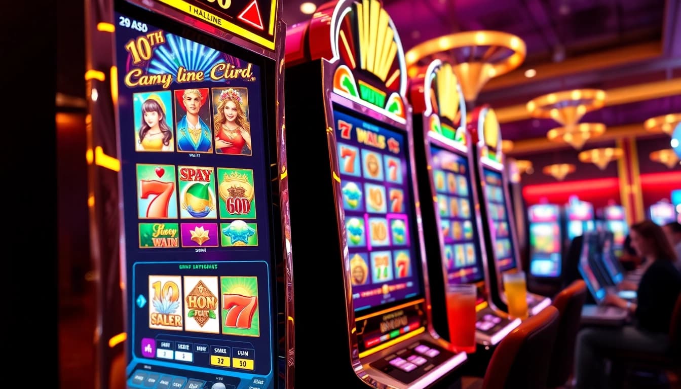 Menggunakan lipat4d slot di mesin slot yang berkilau dengan lampu berwarna-warni.