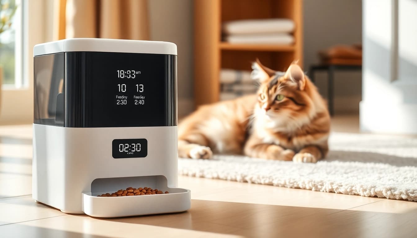 Cat using an automatic cat feeder in a cozy home setting.