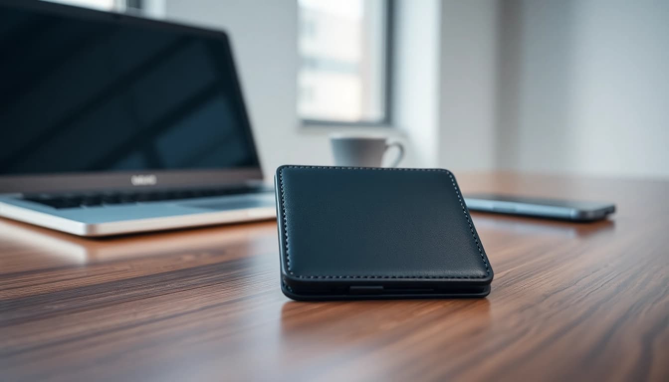 Crypto Wallet showcased on a wooden desk, emphasizing security and modern technology.