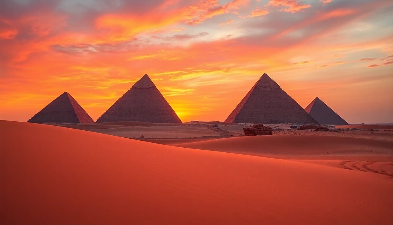 Discover the ancient pyramids, showcasing their grandeur against a vibrant sunset.