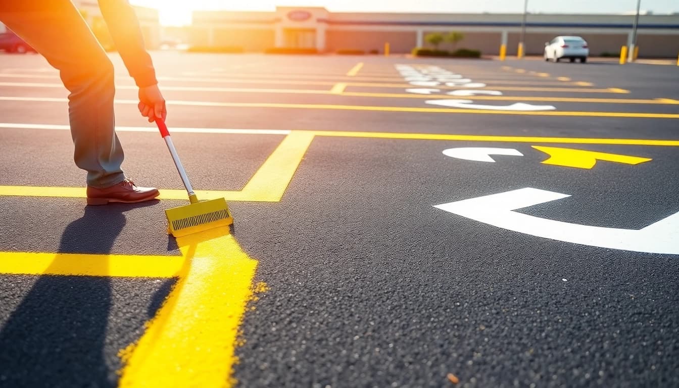 Parking lot marking company Jackson MS applying vibrant paint lines for enhanced safety.