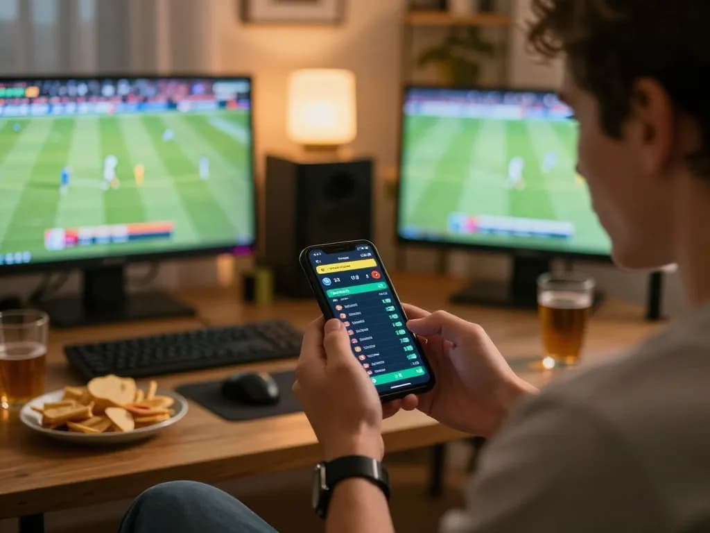 Tỷ lệ cá cược bóng đá app displaying live betting odds in a cozy home setting, person engaged in live wagering.