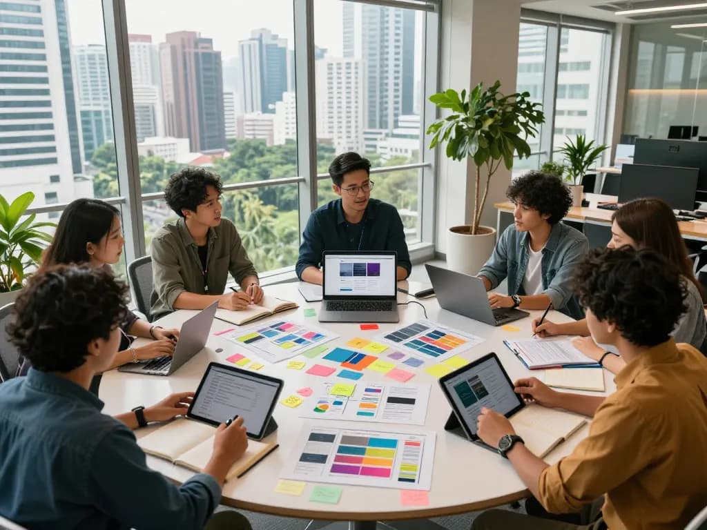 Dynamic teamwork showcasing seo services malaysia in a modern Kuala Lumpur office, with designers collaborating over creative website strategies.