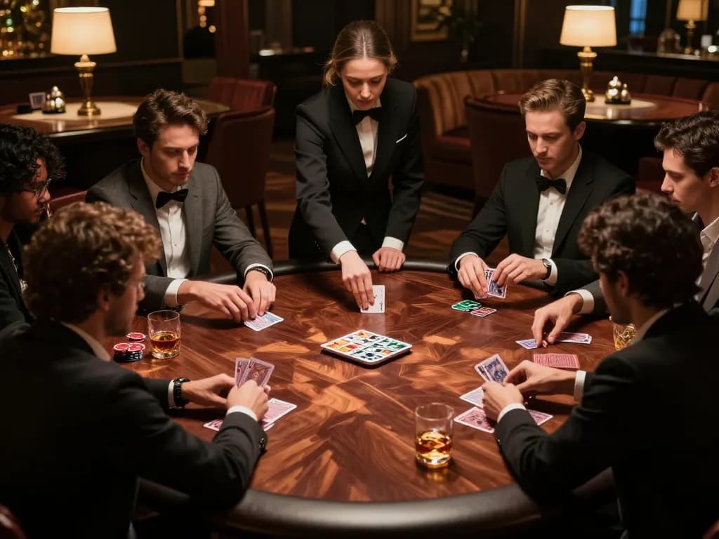 Players engaged in a vipwin poker game at an elegant table, showcasing strategy and luxury ambiance