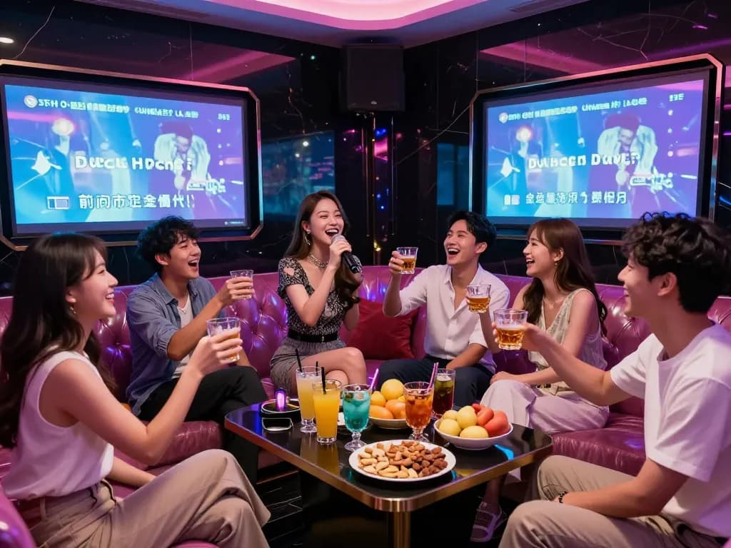Friends enjoying a lively karaoke night at gangnamtune.com with vibrant atmosphere and premium drinks.