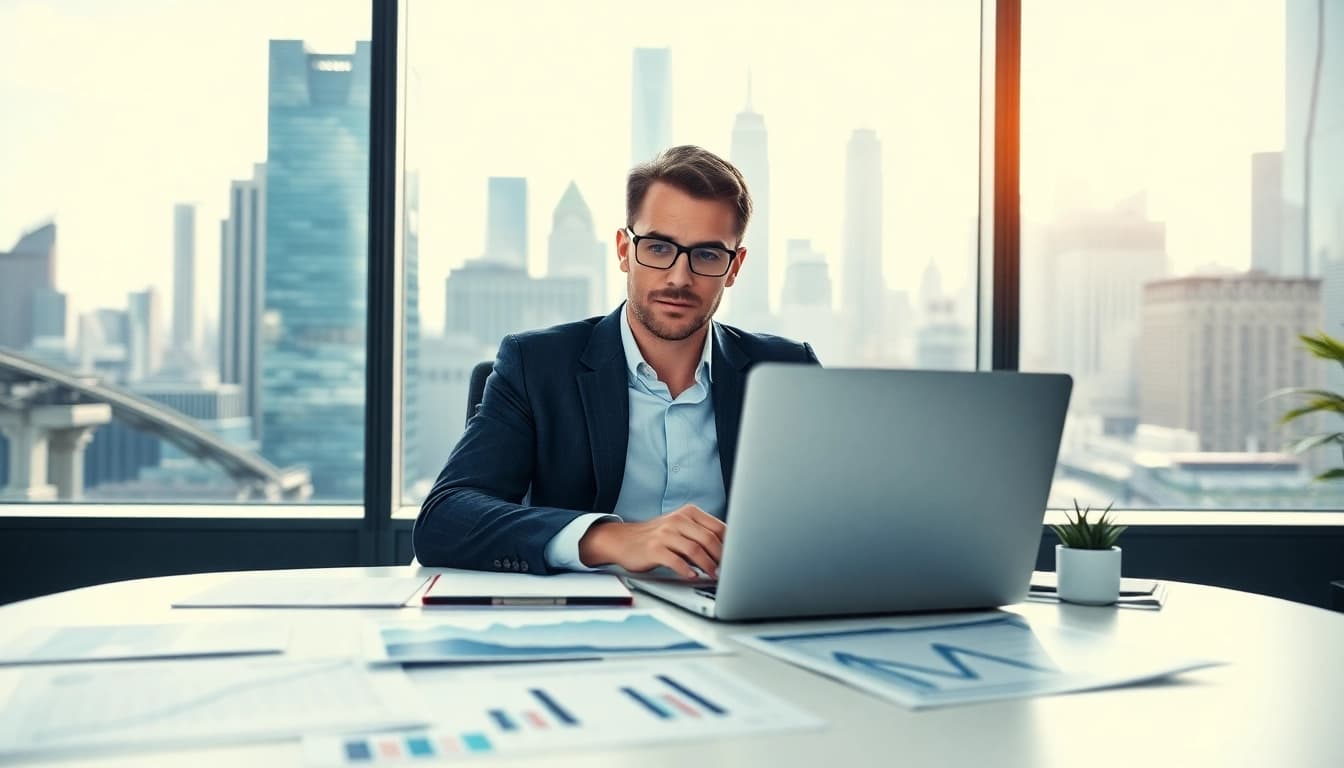 ابدأ تداول الأسهم في المملكة العربية السعودية مع مستثمر جاد في مكتب عصري مليء بالبيانات المالية.