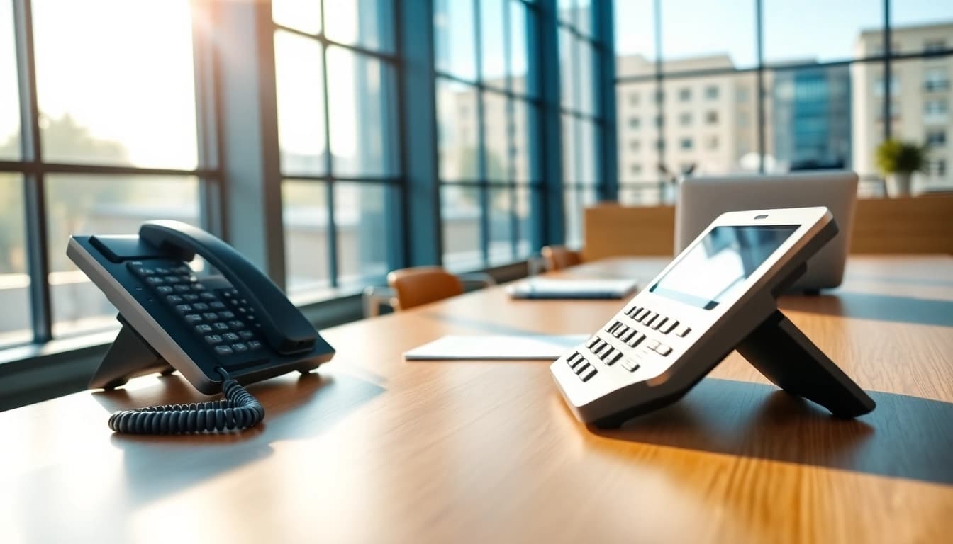 Showcase a professional business phone setup, featuring a sleek desk and modern technology.