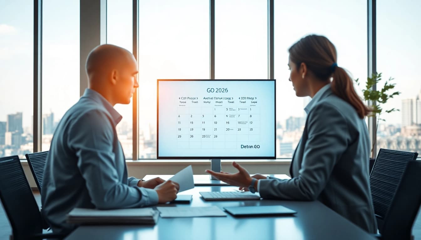 Professional interaction with Detran GO 2026 IPVA calendar in a modern office