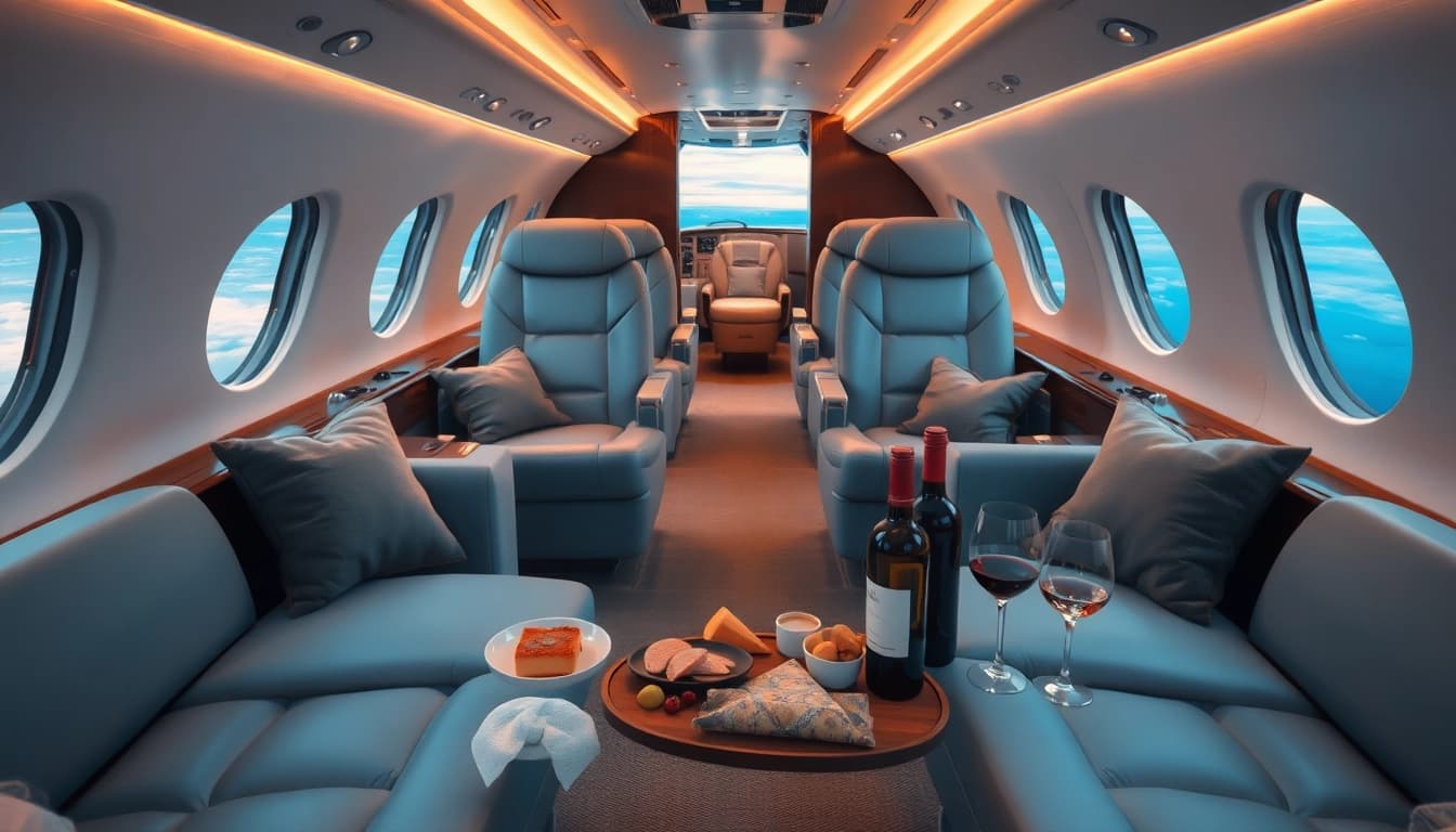 Experience luxury in style with https://flymarquis.com featuring an elegant private jet interior.