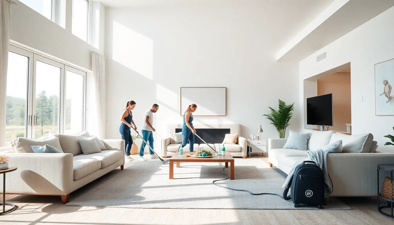 Villa Deep Cleaning Services Dubai team efficiently cleaning a spacious living room with advanced tools.