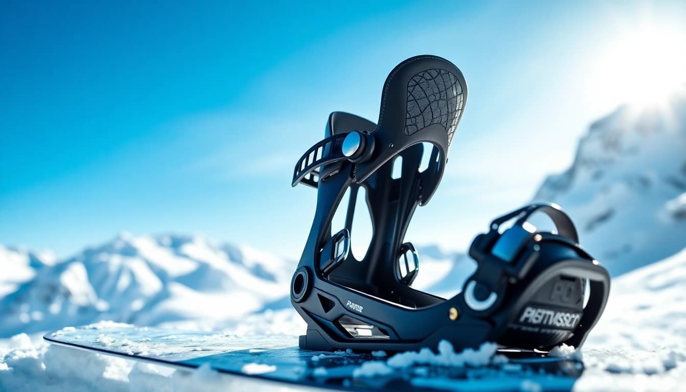 Snowboard bindings on a snowboard set against a bright snowy landscape.