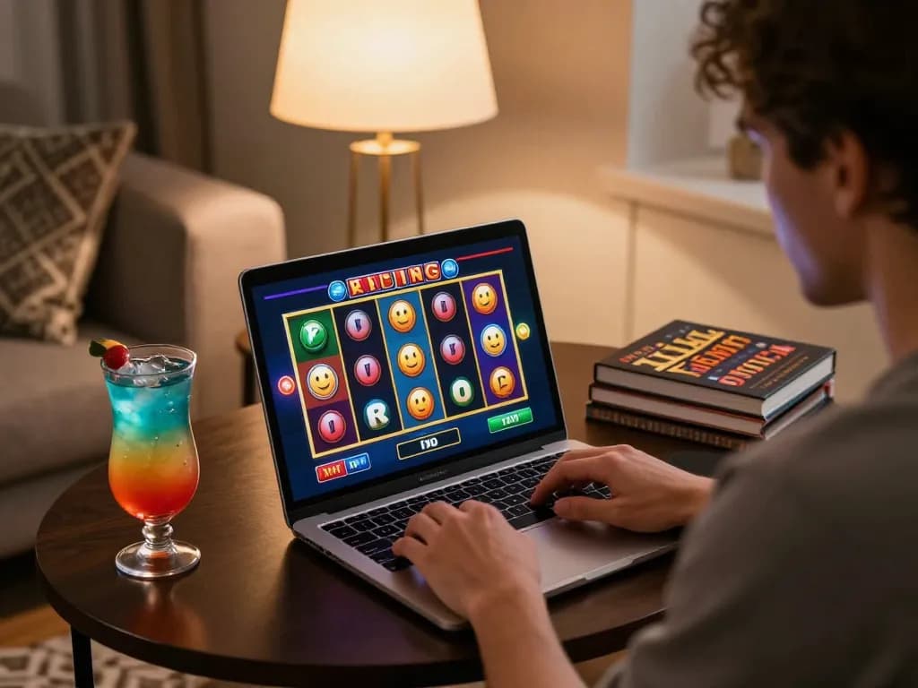 Player enjoying an online slot deposit 1000 game on laptop, colorful slots visible, cozy atmosphere.
