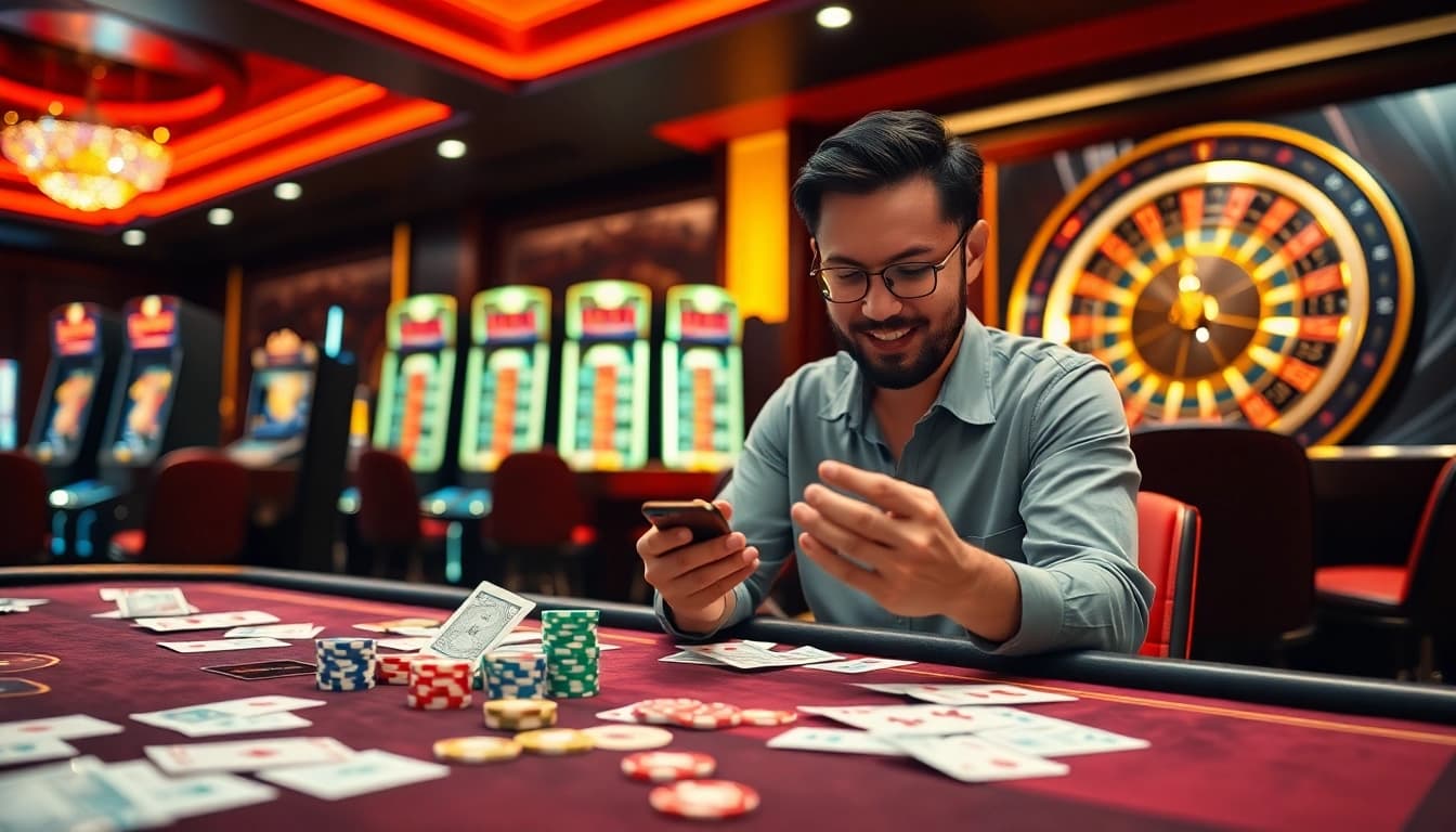 Xổ Số Vmax 2026 excitement captured as a player engages in online betting at a vibrant casino table.