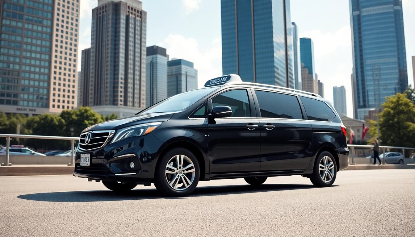 Experience reliable LONG DISTANCE TAXI TRANSFERS in a sleek vehicle against a vibrant city backdrop.