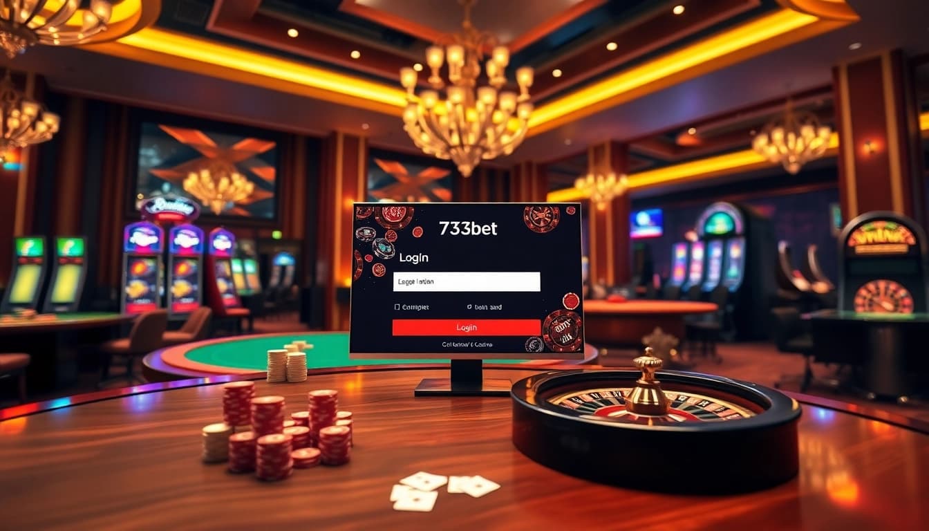 Login interface for 733bet, set in a vibrant casino ambiance showcasing excitement and luxury.