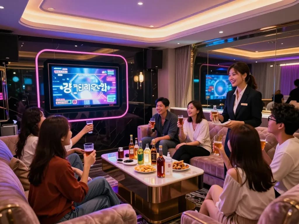 서울 밤문화에서 고급 강남가라오케 장소에서 음료와 가라오케를 즐기는 손님들.