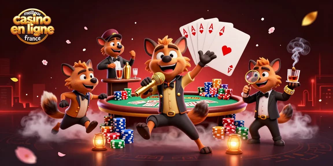 Visuel dynamique de hyènes dans un casino comique, mettant en avant le meilleur casino en ligne France