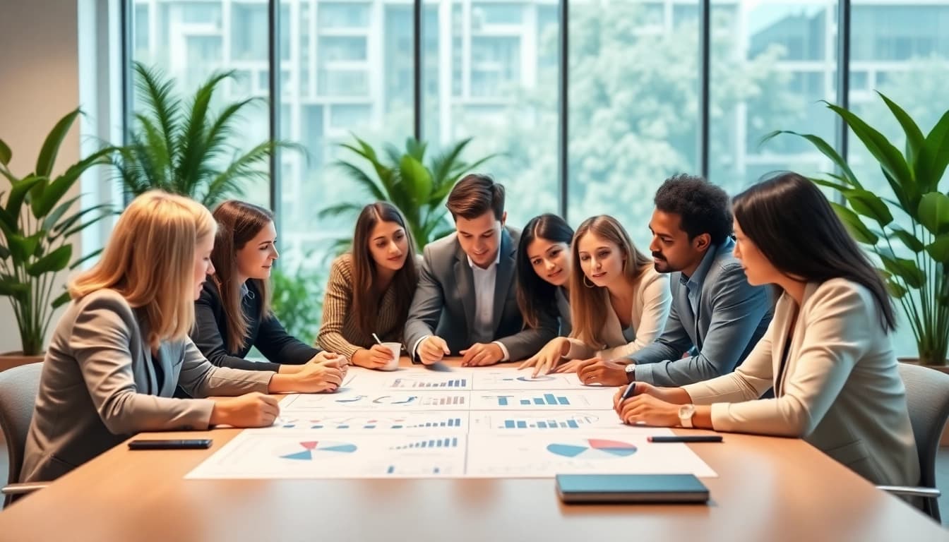 Analyze marketing strategies at https://albmaftoh.com with a collaborative team in a bright office.