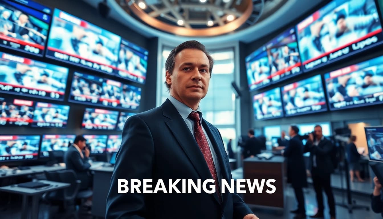 Deliver breaking news in a professional newsroom environment with digital screens.