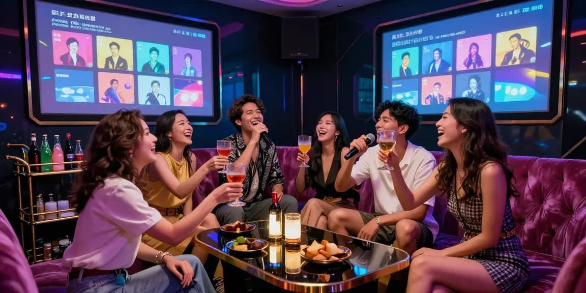 강남가라오케에서 친구들과 즐거운 시간을 보내는 장면