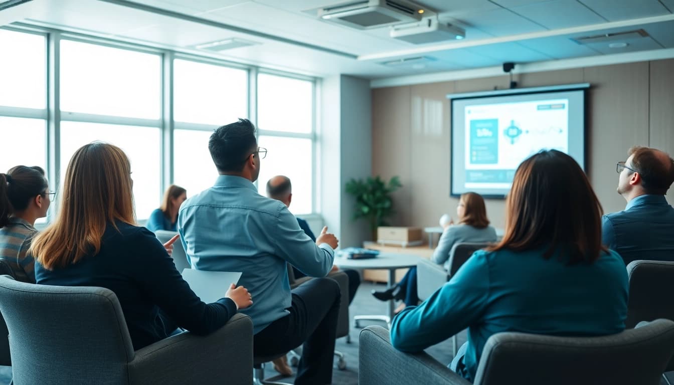 How to engage effectively in a workshop setting with attentive participants and professional presentation.