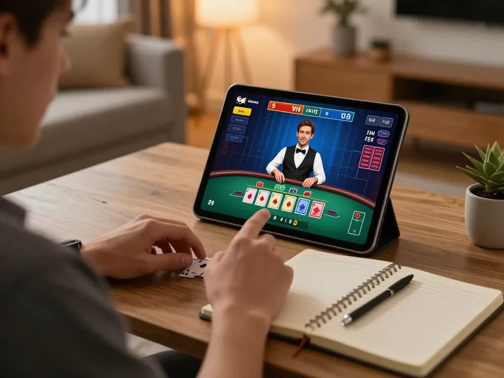 Player strategizing on a tablet during an online casino session, showcasing slot server thailand for immersive gameplay.