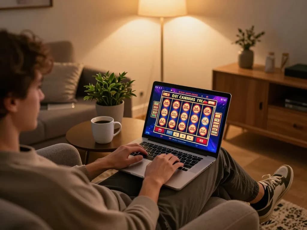 An engaging scene showcasing online casinos Canada gameplay on a laptop, comfortable home setting with relaxing atmosphere.