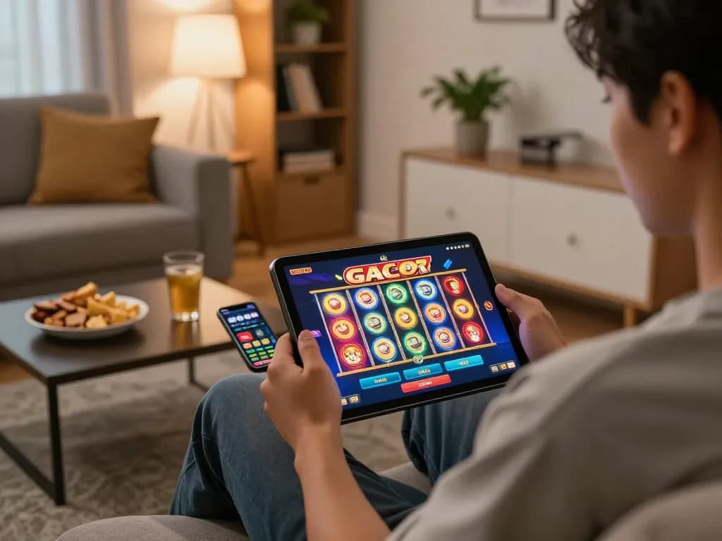 SLOT GACOR gameplay on a tablet in a cozy living room, showcasing immersive gaming experience.