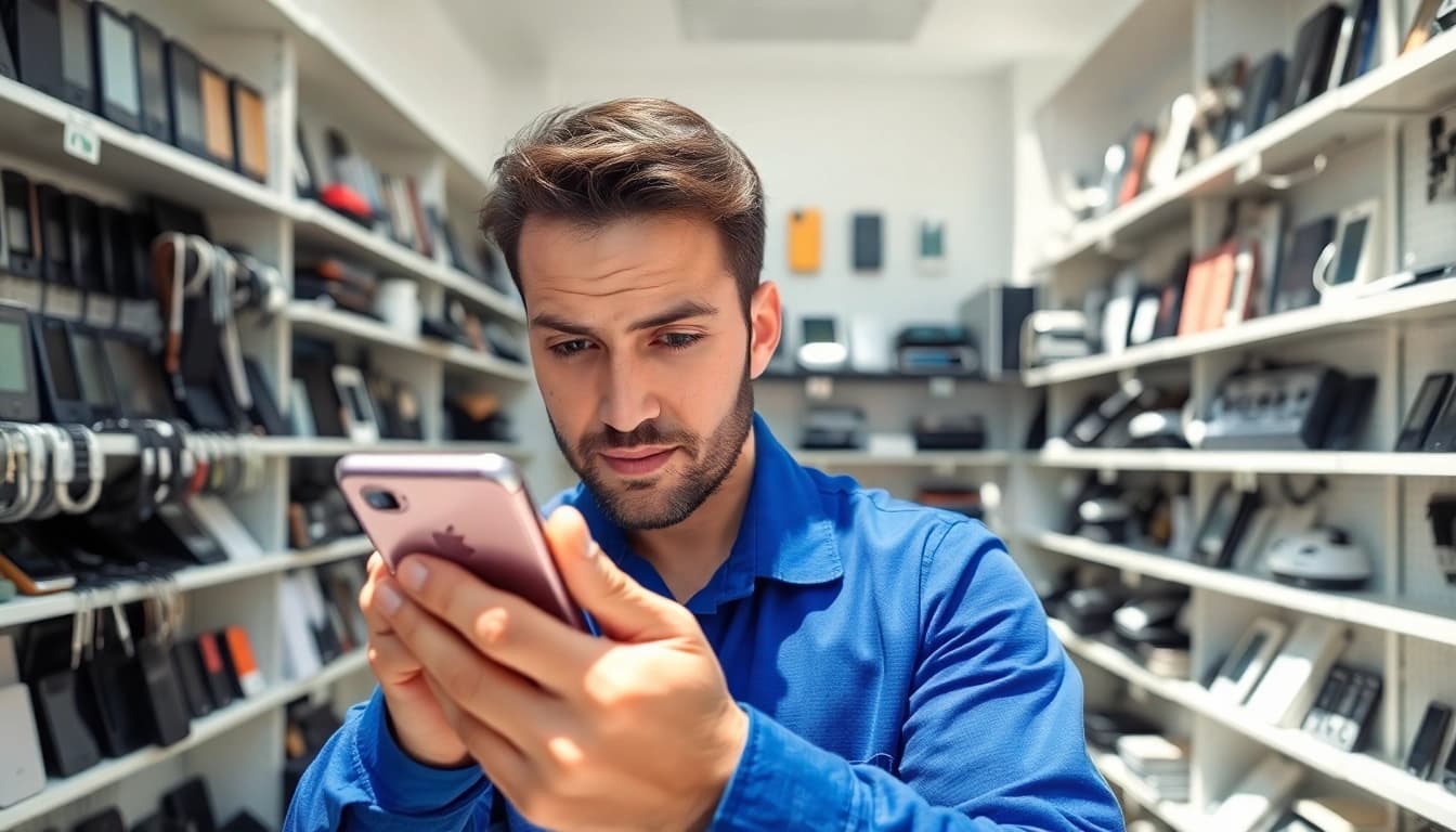 Sell old phone for cash with a technician inspecting devices in a bright repair shop.