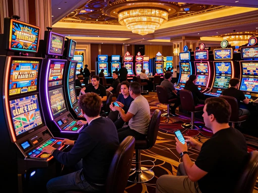 Excited players engaging in online gaming at DH88 casino, colorful flashing lights emphasizing the vibrant atmosphere.