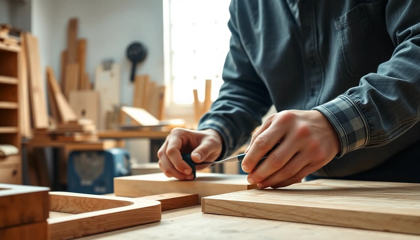 Cabinet maker near me expertly assembling custom cabinetry in a well-lit workshop.