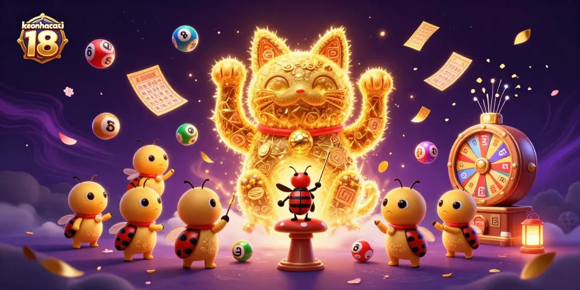 Join the excitement of keonhacai 18 as a lucky cat depicted in vibrant casino symbols and colorful elements.