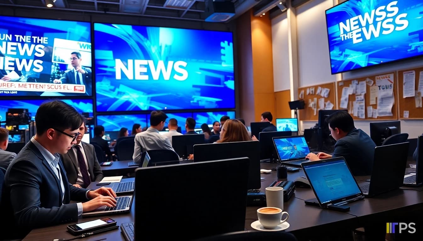 Capture breaking news in a vibrant newsroom with focused journalists and live screens.