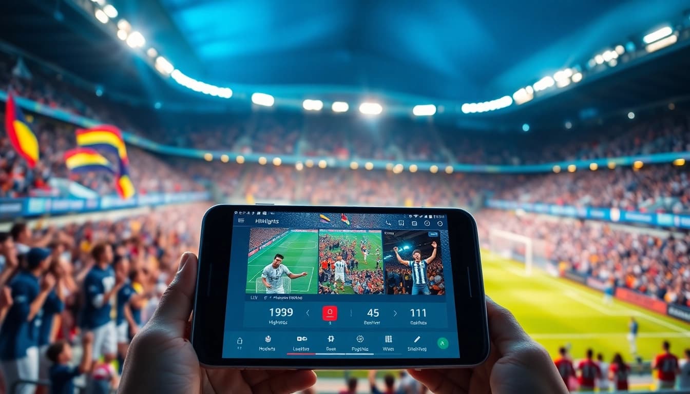 Menyaksikan pertandingan melalui bolakami apk dengan pemain yang beraksi dan sorakan penonton.