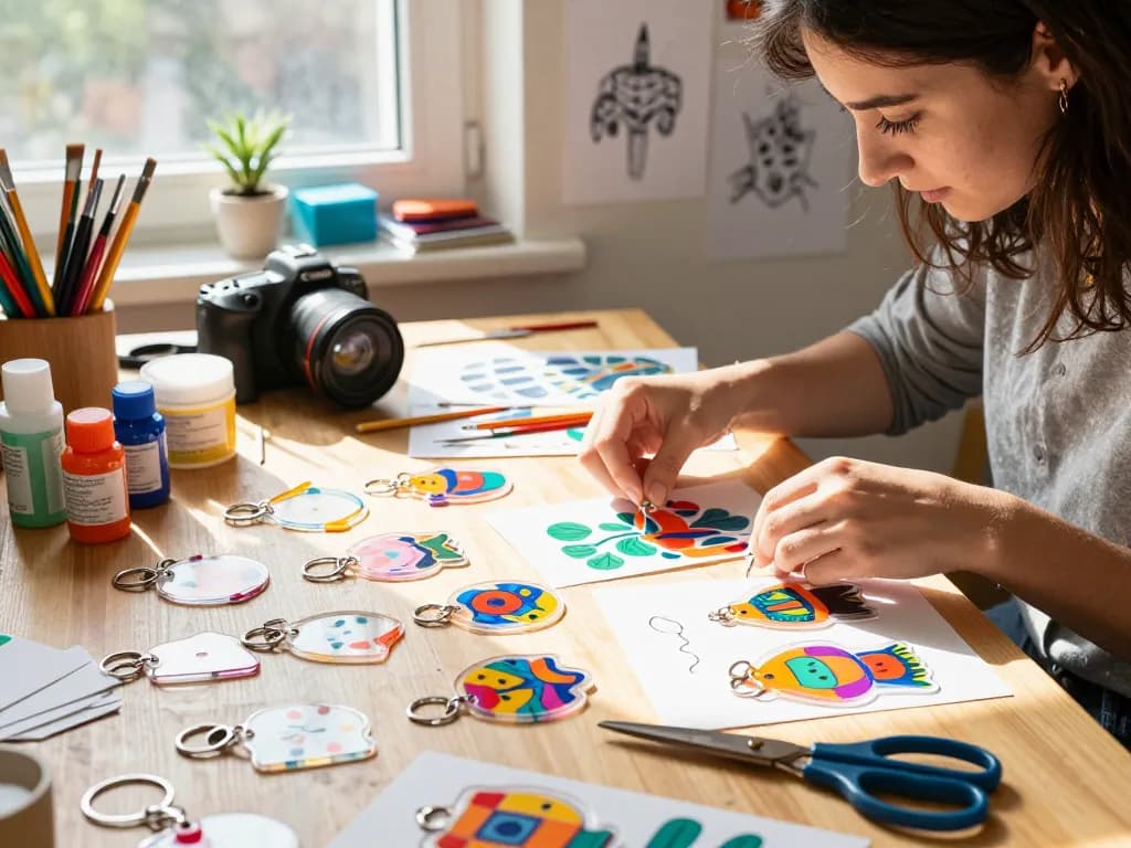 Custom acrylic keychains displayed in a vibrant creative workspace, highlighting their colorful designs and artist's tools.