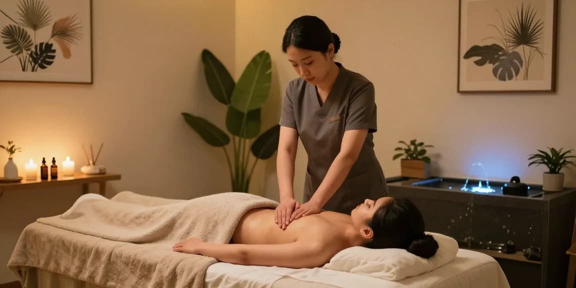 1인샵 마사지 룸에서 스웨디시 마사지 받는 모습, 아로마 오일과 편안한 분위기 강조