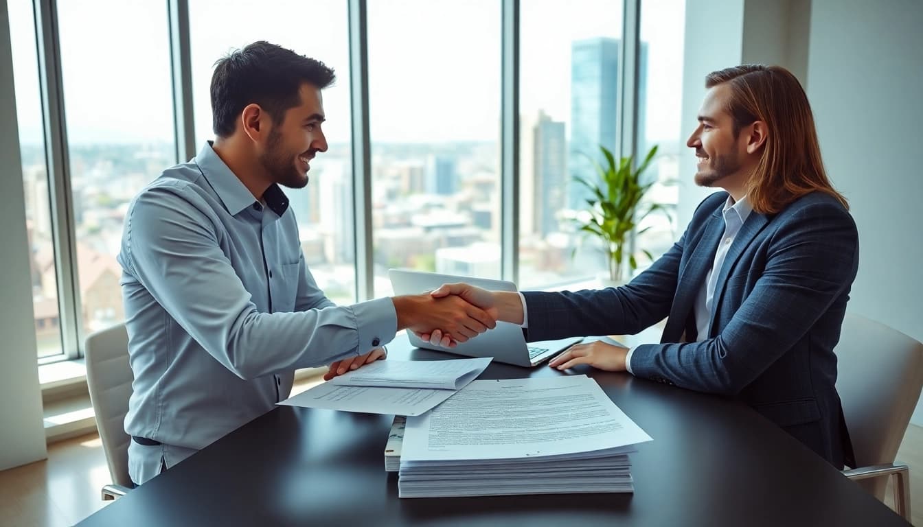 Secure guaranteed rent in Southall with a landlord and tenant handshake in an office.