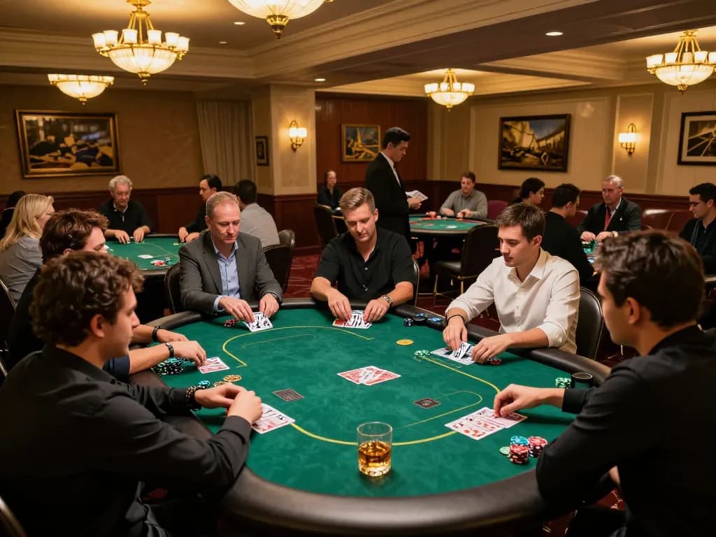 Playing a thrilling poker game at an upscale casino, showcasing top quality widgets and players in action.