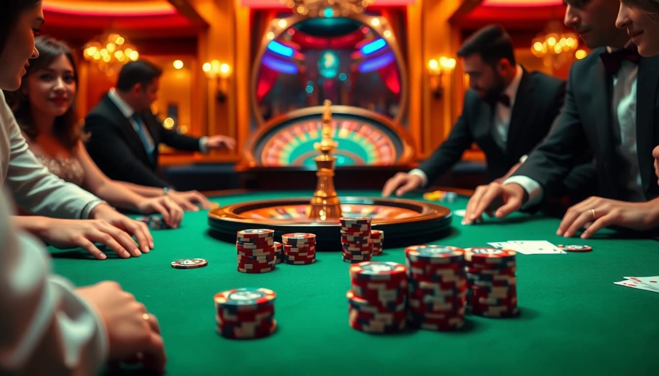 Players engaging with the EE 88 gaming table, surrounded by vibrant casino elements.
