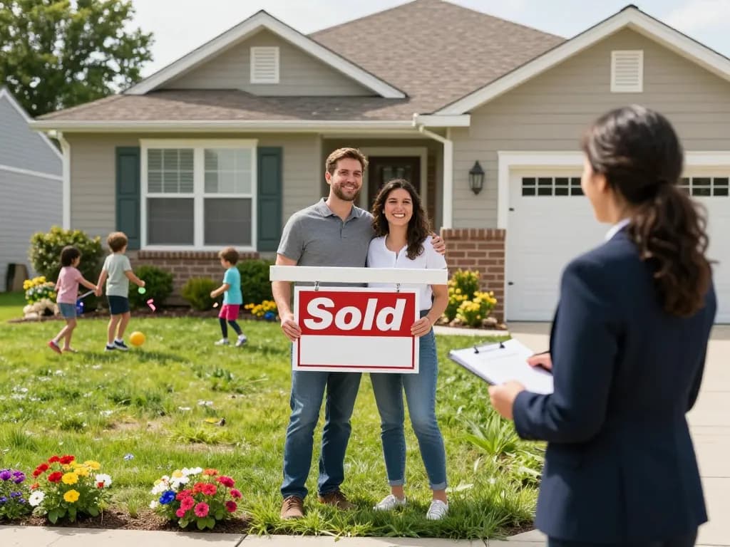 Couple celebrating selling their home for fast cash for homes with a happy real estate agent.