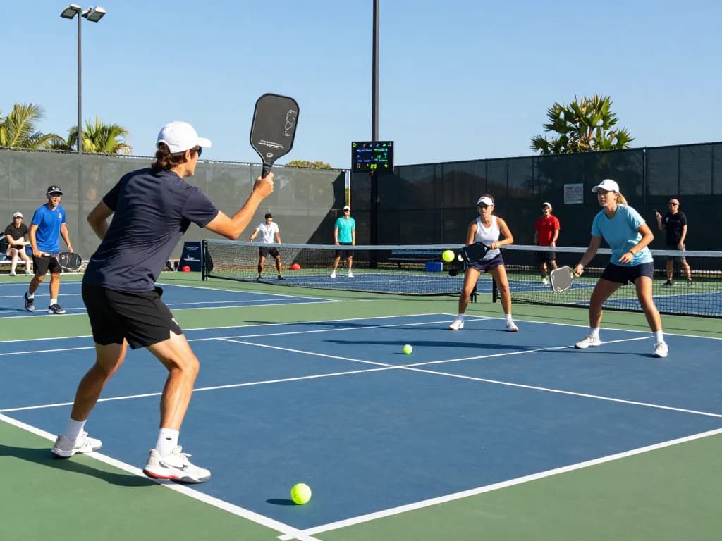 Excited players demonstrating the best pickleball paddles during a lively match on a sunny court