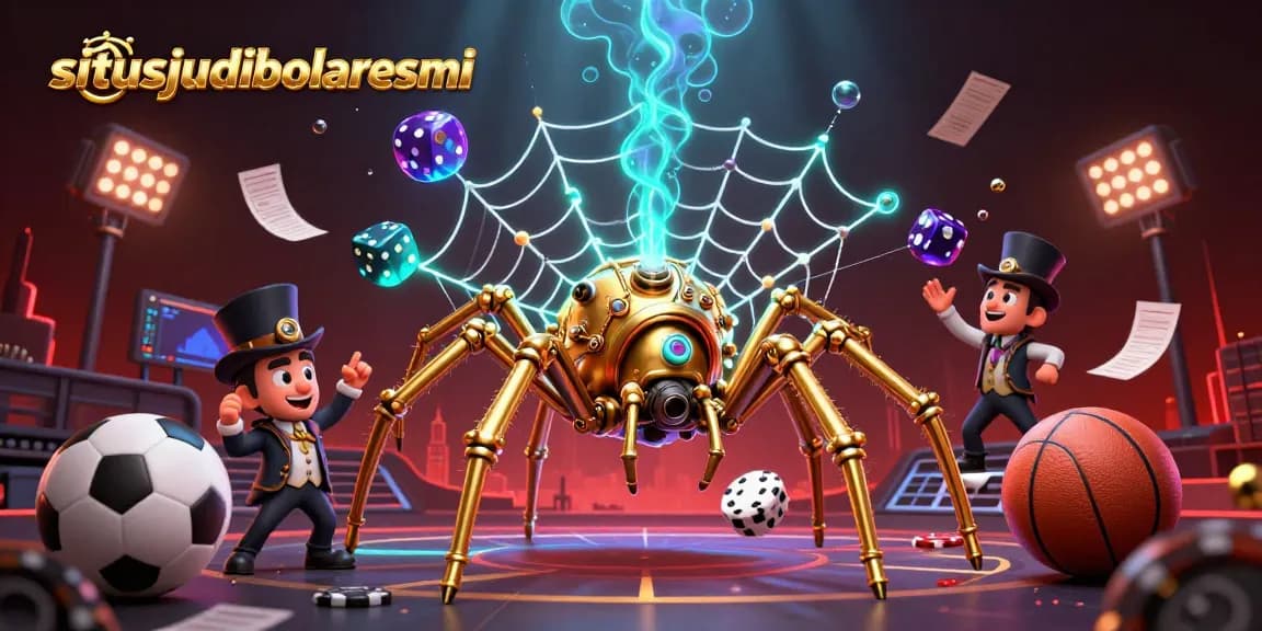 Situsjudibolaresmi showcases an epic sports betting scene with vibrant 3D elements and dynamic characters.