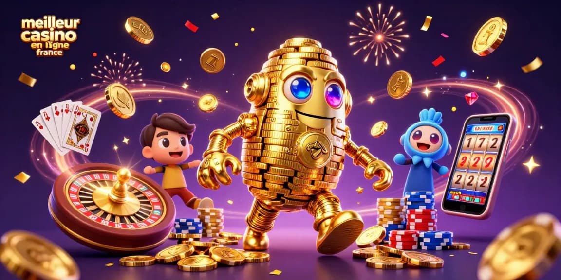 Découvrez le meilleur casino en ligne en France avec une scène de jeux animée et dynamique, remplie de pièces d'or et de roulette.