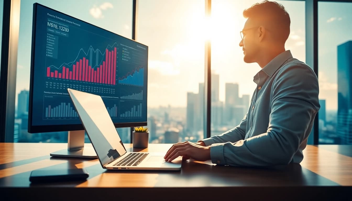 Analyze Real Estate Finance trends in a modern office with a financial advisor.