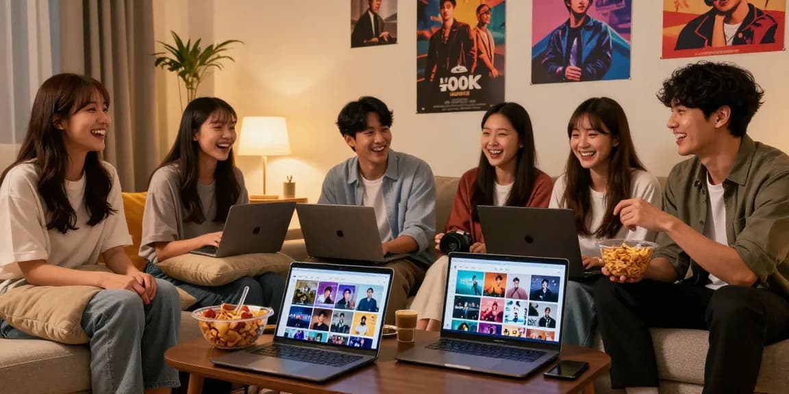 티비위키를 활용해 친구들이 드라마와 영화를 즐기는 아늑한 거실 모습
