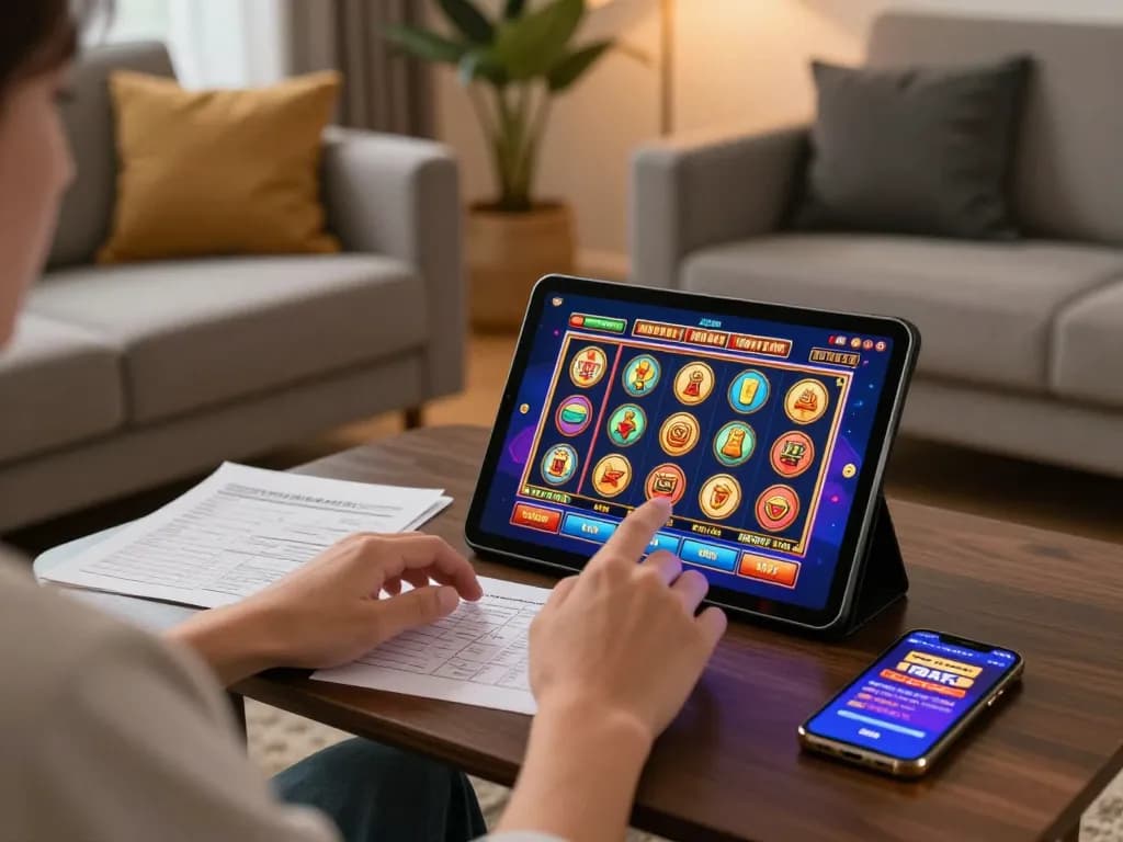 Engaged player enjoying slot games on alexis77 platform using a tablet in a cozy living room.