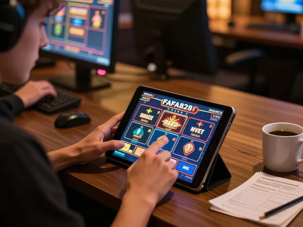 Engaging with FAFA828 online slots from a cozy gaming setup, showcasing strategy notes and responsible gaming.