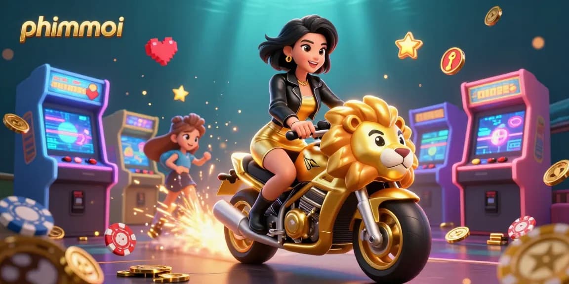 Immerse yourself in phimmoi's thrilling casino experience with a glamorous Asian woman riding a golden lion mascot.