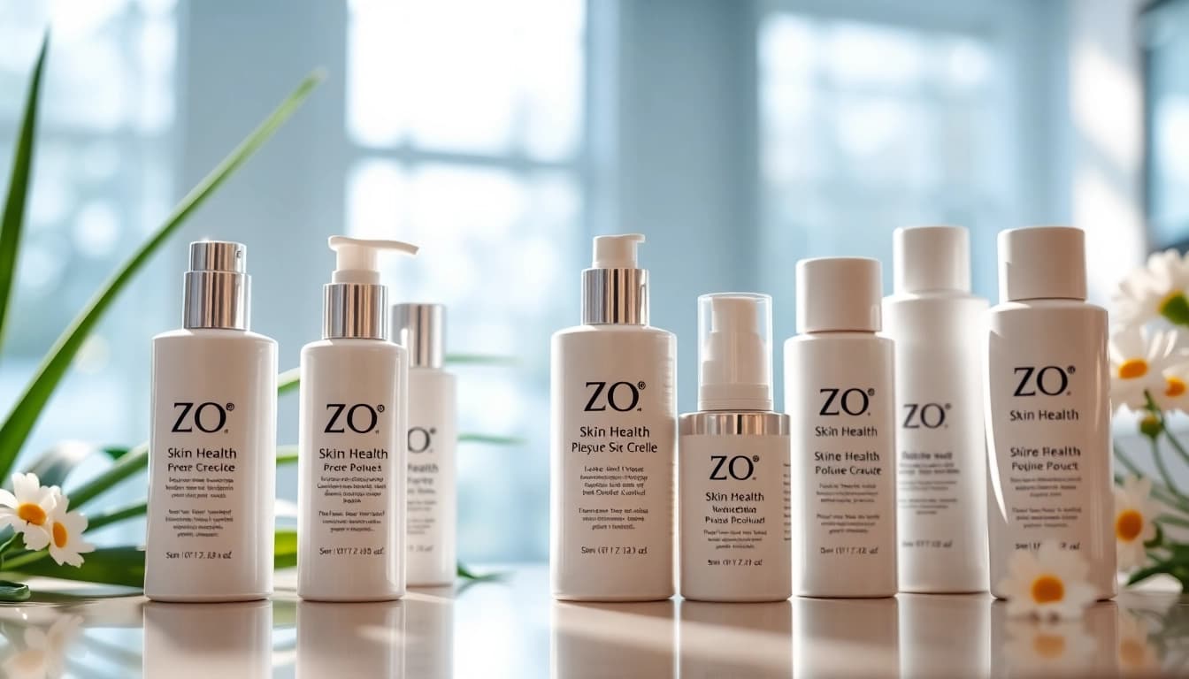 Präsentation der ZO Skin Health Produkte auf eleganter Theke, umgeben von beruhigenden Pflanzen.