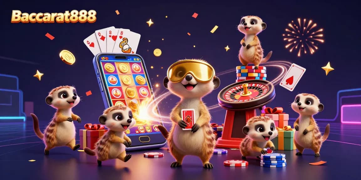 Baccarat888 scene with meerkats managing a vibrant casino, showcasing slot games and poker elements.